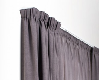 Double pencil pleat sheer and blockout curtain on double white track<p></p> <i>Side profile</i>