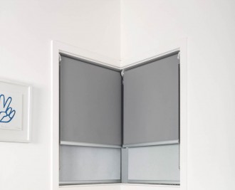 Dual roller blind, dual reverse brackets, butt and through installed, reveal fit